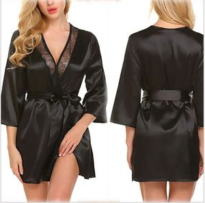 Viele Farben Sexy Pyjama Kleid Dessous mit Robe Langarm Spitze Nachthemd mit Gürtel Nachtwäsche Satin Frauen Bademantel