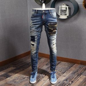 Jeans Masculino Streetwear Fashion Men Retro Blue Stretch Slim Fit Rasgado Calças Punk Camuflada Bolso Calças Hip Hop Designer