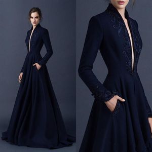 Navy Blue Satin Evening Dresses Embroidery Paolo Sebastian Dresses Custom Made Beaded Formal Party Wear Plunging V Neck Ball Gowns2201