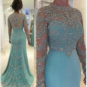 2021 Mint Green New Mother of the Bride Dresses Silver Spetsapplikationer pärlor långa ärmar illusion plus size party klänning bröllop g203m