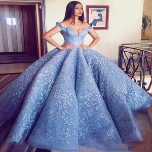 Baby Blue Ball Gown Quinceanera Dresses Satin Applique Off Shoulder Court Train Lace up Back Sweet 16 Dresses Prom Dresses Quincea281p