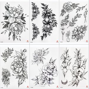 Rose Pfingstrose Blume Mädchen Temporäre Tattoos Für Frauen Wasserdicht Schwarz Tattoo Aufkleber 3D Blüte Dame Schulter DIY Tatoos