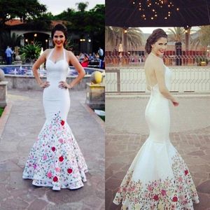 Embroidered Evening Dresses White Satin Halter Top Mermaid Style Open Back Mexican Women Prom Dress Custom Formal wear255O