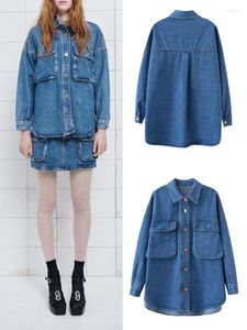 Damenjacken Frühling Sommer Damen Mode Langarm Revers Wash Front Flap Patch Pocket Asymmetrischer Saum Seitenschlitz Denim Shirt Jacke