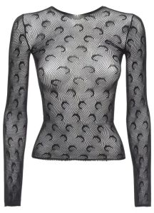 Moon Print Transparent Mesh T-shirt Sexy Ladies O Collar Long Sleeve Slim Top Tight Stretch Ice Silk Base Shirt Fashion Shirt