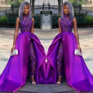 Purple Lace Stain Evening Jumpsuit med Train 2023 High Neck African Plus Size Classic Endan Prom Pant Suit Dress Wear288V