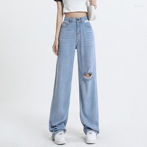 Kvinnors jeans sommarblå svart rippade byxor hög midja baggy denim pants kvinna y2k pojkvän mamma bred ben med hål