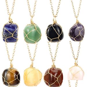 Подвесные ожерелья золото Sier Natural Stone Wire Finding Irgar Amethyst Rose Quartz Crystal Agate Jewelry Accessory Drop Delivery P Dhfng