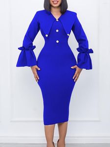 Abiti casual AOMEI Elegante manica lunga da donna aderente con scollo a V Bottoni Flare Vintage Royal Blue Nero Bianco Claret Office Lady Work Wear