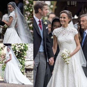 pippa middleton in lace wedding dresses high neck aline backless pearls wedding dress with cap sleeves chapel bridal gowns310N