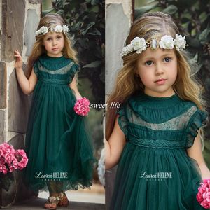 Abiti da ragazza di fiori di lunghezza del tè per Boho Vintage Wedding Sheer Neck Cap Sleeve Tulle Custom Baby Child First Comunion Dress2720