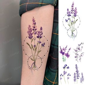 Vattentät tillfällig tatuering klistermärke färg realistisk lavendel blomma flash tatoo kvinna barn barn kroppskonst överföring falska tato man