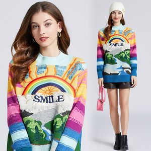 Women's Sweaters High Quality Embroidered Rainbow Sweater Women Long Sleeve Jacquard Knitted Striped Rabbit Hair Loose Thickened Jumper Pullover 2023