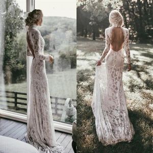Boho długie rękawy vintage koronkowa sukienka ślubna 2020 Wysoka szyja