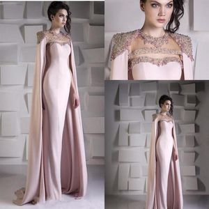 2022 Arabic Dubai Mermaid Pink Prom Dresses for Women Jewel Neck Crystal Beaded With Cape Wraps Floor Length Evening Dress Wear Pa2311
