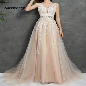 2023 Wedding Dresses V Neck Light Champagne Floor Length Applique Open Back A Line Backless Bridal Dress Vestido De Noiva Mariage2129