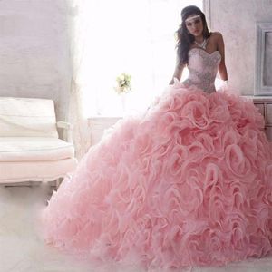 Princess Sweet 16 Quinceanera Ball Ball Organza France Pink Quinceanera Dresses Lace Up Rhinestones Gown3185