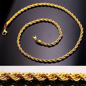 18 тыс. Реальное золото, покрытое из нержавеющей стали веревочное колье для мужчин Золотые цепочки, модные украшения подарок 267U