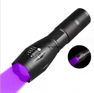 UV Flashlight Zoomable 395nm Ultra Violet Light Blacklight år 18650 Batteri T6 Torch Lights Led Amber Black Detector Dental Aluminum Ultraviolet Purple Lamp