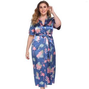 Roupa de Dormir Feminina Robe Sexy Azul Kimono Vestido de Banho Roupa de Casa Desgaste Rayon Estampado Flor Vestido de Noite Camisola Feminina Lingerie Íntima