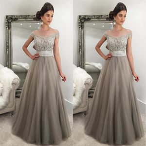 2017 Elegant Silver Gray Evening Dresses Off Shoulder Cap Sleeves Crystal Beaded Tulle Puffy Saudi Arabic Formal Evening Gowns Pro259c