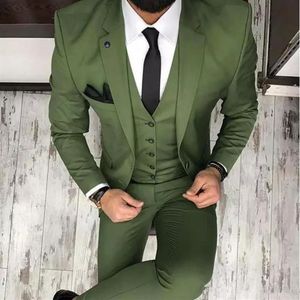 Olive Green Mens Suits For Groom Tuxedos Notched Lapel Slim Fit Blazer Three Piece Jacket Pants Vest Man Tailor Made Clothing253Z