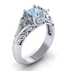 Delysia King Women Trendy Antique Style okrągły niebieski kryształowy biżuteria kwiat wydrążony pierścionek zaręczynowy Rozmiar 5-11