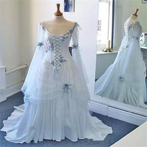 Vintage Celtic Corset Evening Dresses with Long Sleeve Plus Size Sky Blue Medieval Halloween Prom Party Gowns Gothic Corset Pagean234m