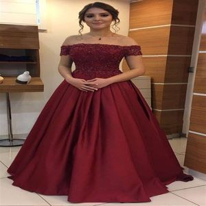 Elegant Wine Red Off shoulder Evening Formal Dresses Long Cheap With Short Sleeves Applique Lace Sequin Satin A line Prom Pageant 266K