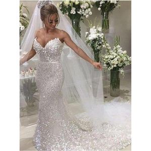 Sparkle White Sequin Strapless Sexy Mermaid Wedding Dresses 2020 Luxury Plus Size illusion Wedding Dress Bridal Gowns Vestidos De 213M