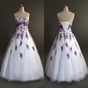 White and Purple Applique Wedding Dress Real Image A-Line Sweetheart Tulle Long Bridal Gowns Vestios De Marriage 2022 Selling 283O