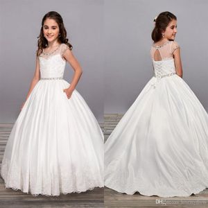 2020 White Lace Satin Flower Girl Dresses Kids Wedding Cap Sleeve Jewel Beaded Rhinestones Ball Gowns First Holy Communion Dresses276n