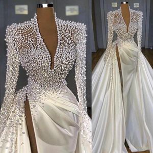 Luxury Pearls Beaded Mermaid Wedding Dresses with Overskirt High Split Deep V Neck Long Sleeves Satin Ruched Pleats Custom Made We183x