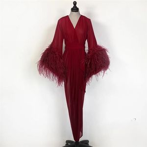 Royal Bride Sleepwear Robes Feather Long Sleeve Custom Made Ruched Chiffon Women Sleepwear Sweep Train Pyjamas Dresses253x