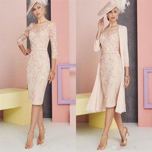 Knee-length Mother of the Bride Dress With Jacket Sheer Neckline 3 4 Sleeves Lace Appliques Formal Evening Gowns250B