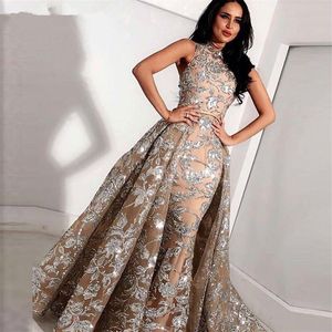 Long Grey Champagne Lace Mermaid High Neck Arabic Prom Dresses kaftan Dubai Formal Evening Gowns with Detachable Skirt316i