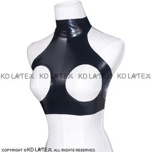 Black Sexy Latex Crop Top Tanks With Buttons At Back Rubber Bra Lingerie High Collar 0003257n