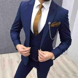 Moda Azul Marinho Noivo Smoking Peak Lapel Padrinhos Mens Vestido de Noiva Homem Excelente Jaqueta Blazer 3 Peças TernoJaqueta Calças Colete301J