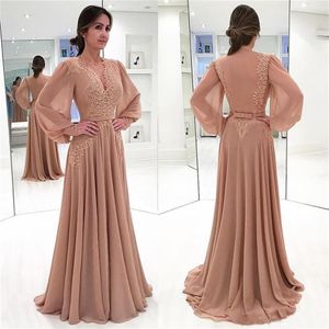 Elegant A Line Evening Dresses Long Sleeves Chiffon Lace Sash Islamic Dubai Saudi Arabic Long Prom Gowns Party Wear263p