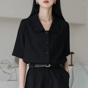 Women's Polos 2023 Fashion Spring/Summer Retro Polo Collar Black Shirt Short Sleeve Top Summer Style Temperament Thin