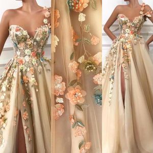 Arabic Champagne Sexy One Shoulder 3D Floral Flowers Evening Dresses Wear Lace Appliques Beads Split Tulle Special Occasion Party 2194