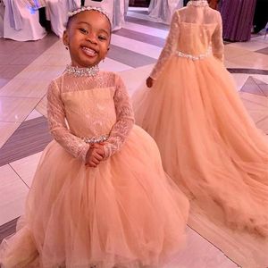 Chic Champagne Lace Long Sleeve Flower Girl Dresses Black Litter Girls For South African Wedding High Neck Cute Teens Bridal Party241J