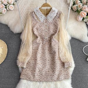 Vestidos casuais básicos 2023 primavera outono mulheres vintage pérolas corrente miçangas rendas flor bordado patchwork gola peter pan foral vestido jacquard