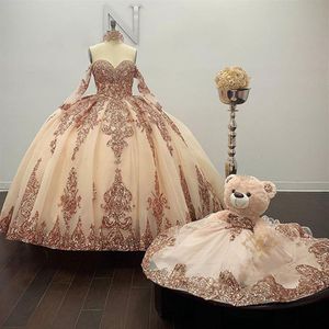 Rose Gold Sparkly Ball Gown Quinceanera Dresses Long Sleeves Off the Shoulder Sequines Applique Sweet 16 Dress Party Wear2074