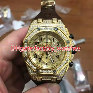 Relógio de diamantes de face dourada caixa de ouro 44mm masculino pulseira de couro marrom de luxo design de quartzo relógios de alta qualidade totalmente gelados 296Y