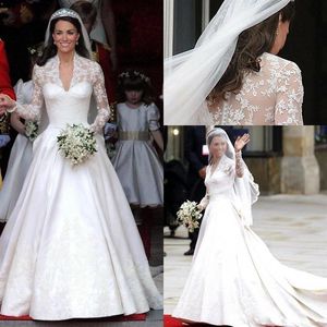 Clássico 2020 Branco Vestidos de Noiva Linha A Decote em V Transparente Manga Longa Aplique Renda Kate Middleton Botões Costas Royal Vestido de Noiva Sa252y