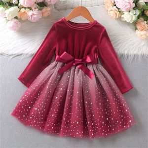 1-6 anni Bambini Toddler Neonate Vestito da festa Autunno Inverno Caldo Abito da principessa Manica lunga Bowknot Patchwork Star Tulle Dress