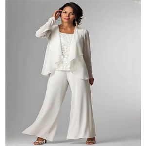 Pantsuit Jumpsuit 3 -stycken kostym Mor till bruden klänning plus storlek elegant bateau halsgolvlängd chiffong ärmlös med spets346r