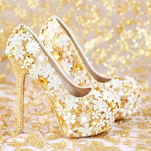 Fashion Comfortable Gold Wedding Shoes Women Shoes Platform High Heels Rhinestone Bridal Shoes Handmade Genuine Leather214W