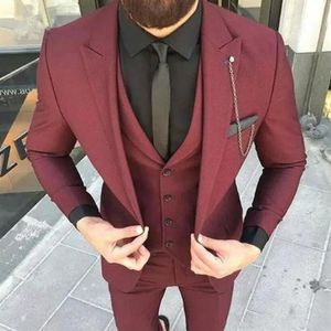 XLY 2019 Wine Red Slim Fit Wedding Mens Suit Prom 3Pieces Blazer Jacket Pant Vest Groom Tuxedos Men Suit Costume Business Male T259d